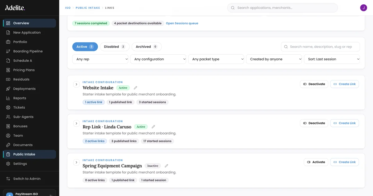 Public intake links in the console: active, disabled and archived configurations, filters by rep and packet type, and each configuration's active links, published links and started sessions.