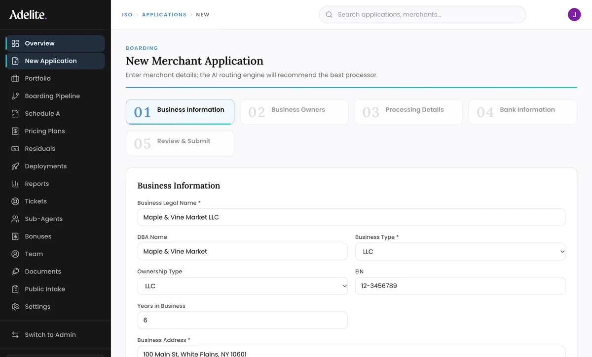 The New Merchant Application wizard on step one, Business Information, with the five steps shown across the top: business, owners, processing, bank, review.