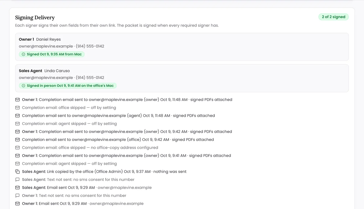 Signing delivery for one merchant application: the owner and the sales agent each listed with a signed status, time and device, followed by the log of completion emails and links sent.