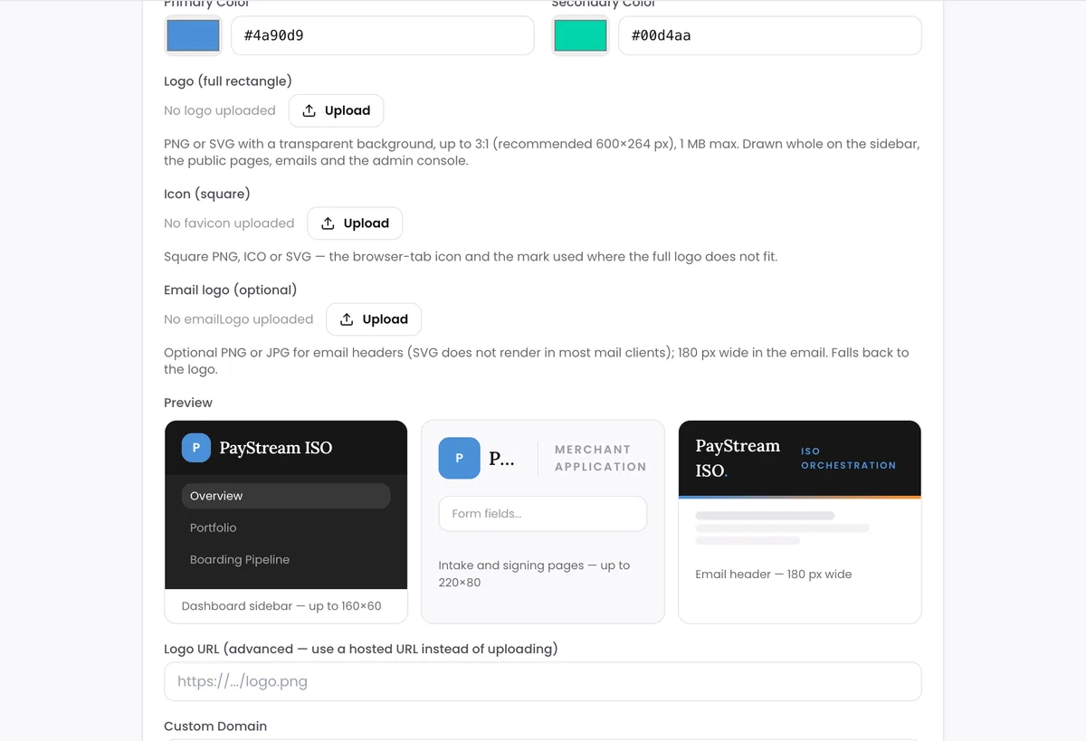 White-label branding settings: primary and secondary colors, full logo, square icon and email logo, with live previews of the sidebar, the merchant application header and the email header.